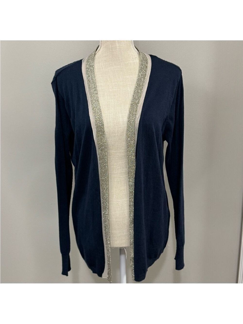 NWT Dana Buchman Open Front Navy and Gold Cardigan Sweater. Size XL